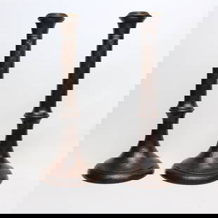 Stickley Brothers Hammered Copper Candlesticks: Pair, Stickley Brothers (Attributed) tall hammered copper candlesticks with brass banding just below each rim. Provenance: From the Terry Seger collection. Pictured on page 128 of Don Marek's book,