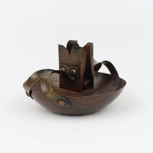 Signed Theodore Pond Arts & Crafts Tray with Match Holder: Theodore Pond arts and crafts hammered copper and brass tray with floating match holder. Signed examples of Pond's work are quite rare. Impressed "KWO-NE-SHE (DRAGONFLY) HAND WROUGHT" shopmark inside