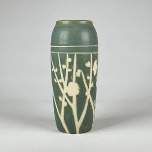 Sara Sax for Rookwood, Incised Cherry Blossom Vase: Sara Sax for Rookwood Pottery, incised decorated cherry blossom vase in matte white and green/blue vellum glaze. Impressed RP flame mark, IV (1904), with shape #951E, V and artist cipher "SX".