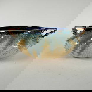 Fulper Two Handled Bowl: Signed with racetrack mark on bottom. Fine glaze.Measures 9 1/2" x 8"x 4" This lot will ship from our Michigan location