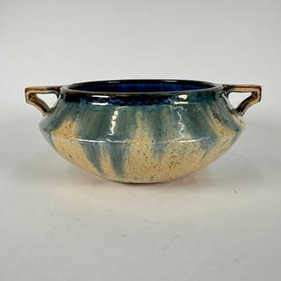 Fulper Two Handled Bowl: Signed with racetrack mark on bottom. Fine glaze.Measures 9 1/2" x 8"x 4" This lot will ship from our Michigan location