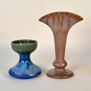 Fulper Pottery Pair of Vases: Fulper Pottery chalice vase, Flemington NY circa 1912. A nice example with a strong blue glaze body and a green glaze dripping into the chalice cup. Wide rectangular mark (1910-16) on base. Measures 4