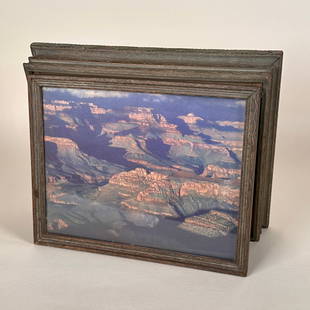 Grand Canyon Arts & Crafts Vanity Box: Arts & Crafts “Grand Canyon” vanity box circa 1912. An unusual wood box with incised decoration around the edging, lid set with a framed hand tinted photo of the Grand Canyon. Interior with ce