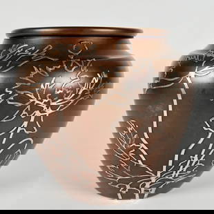 Heintz Sterling On Bronze Vase: Large ovid form vase by Heintz. Sterling silver on Bronze. Signed on base, Measures 8"x8 1/2" This lot will ship from our Michigan location.