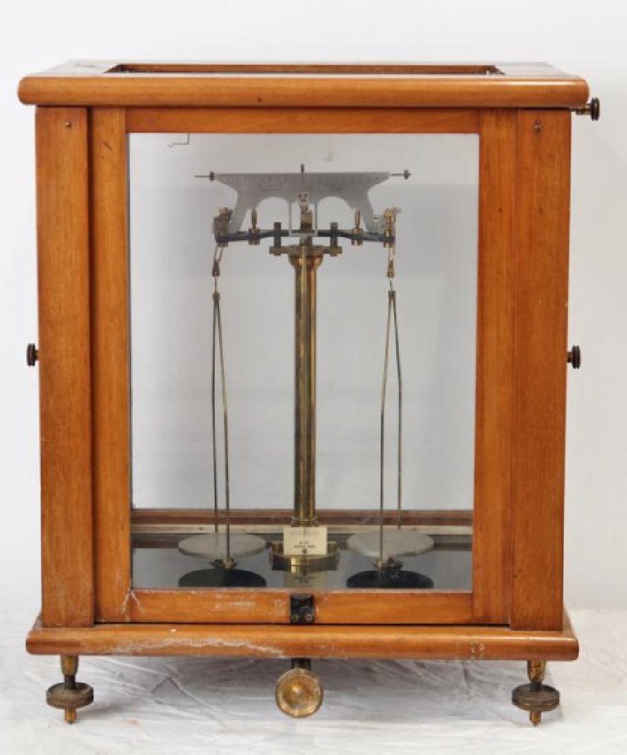 Antique English apothecary scale: weighs gold and medicinal quantities marked WYJ George LTD Birmingham, F.E. Becker & Co London on metal scale, plaque reads English Made no. 317