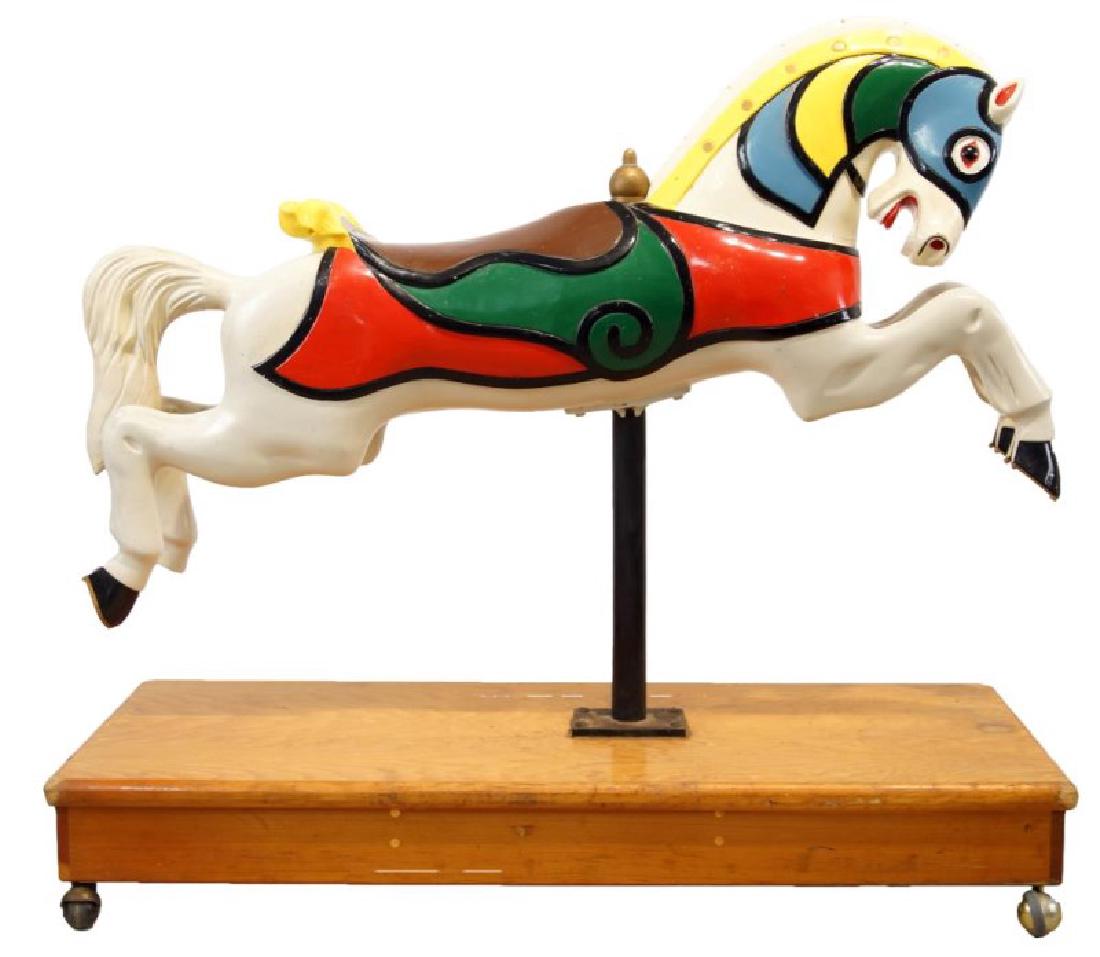 CW Parker "Trojan" Jumper Carousel Horse: Vintage paint with custom rolling stand Restored, Provenance: Purchased by the current owner at The Jack Palance Estate Auction Tehachapi, Ca.