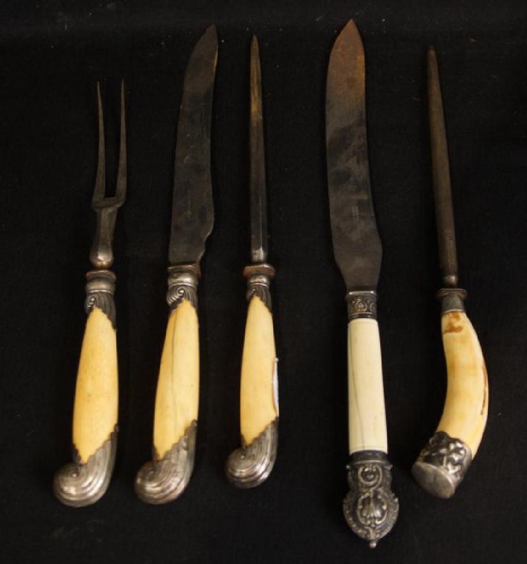 Fancy Antique English silver & bone Carving Sets: Knife marked Kensington & Company and others - Very large one piece handles, one appears to be a Boar Tusk. 5pcs