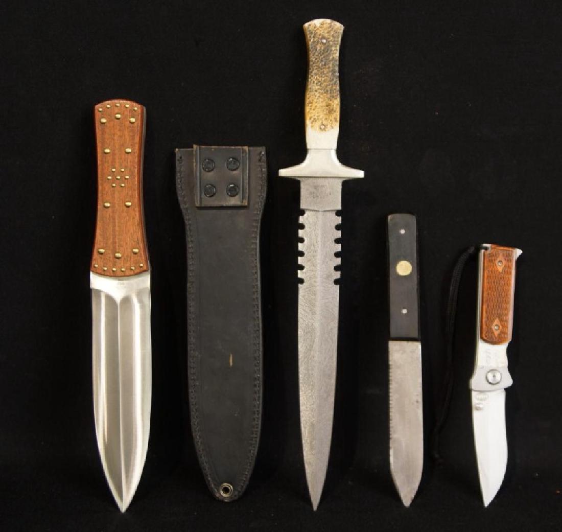 Collection of Four Modern Knives: A large Bowie Knife with sheath handmade in Japan - surgical steel, a large double bladed Indian knife, a John Blyde Green River Knife, and a nice large picked knife with lanyard