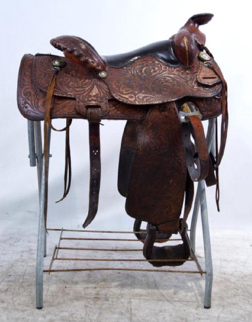 Rogers Saddlery Wilie Texas Western Saddle: Finely leather tooled saddle with silver conchos and horn - 16" seat