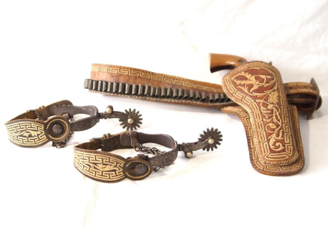 Western Gun Belt, Spurs and Replica Colt Lightning: Embroidered Greek Key patern on belt and mathcing silver mounted spurs circa 1940-50's, Replica BB Gun