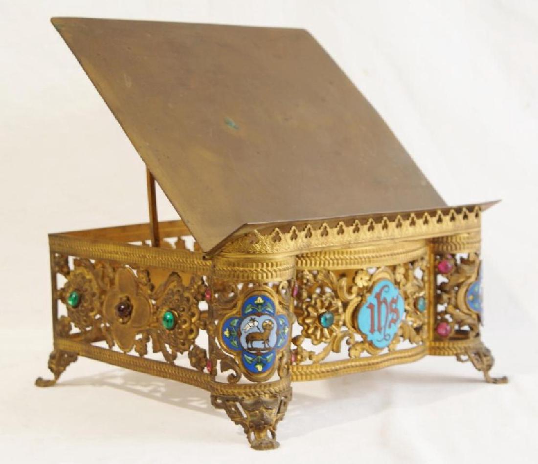 Antique brass jeweled and enameled bible stand: with enameled work & jewels, very unusual and rare