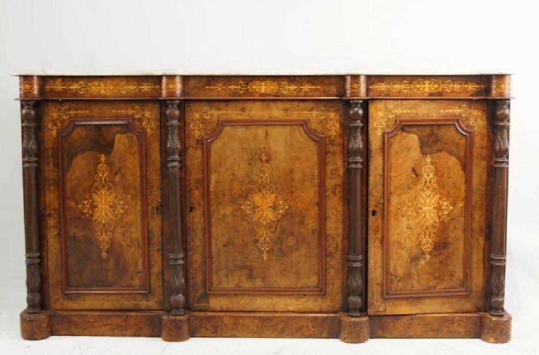 19th cent Marble top inlaid sideboard: Burl rosewood and mahogany secondary wood with columns - American ca 1860's (small chip on the marble)