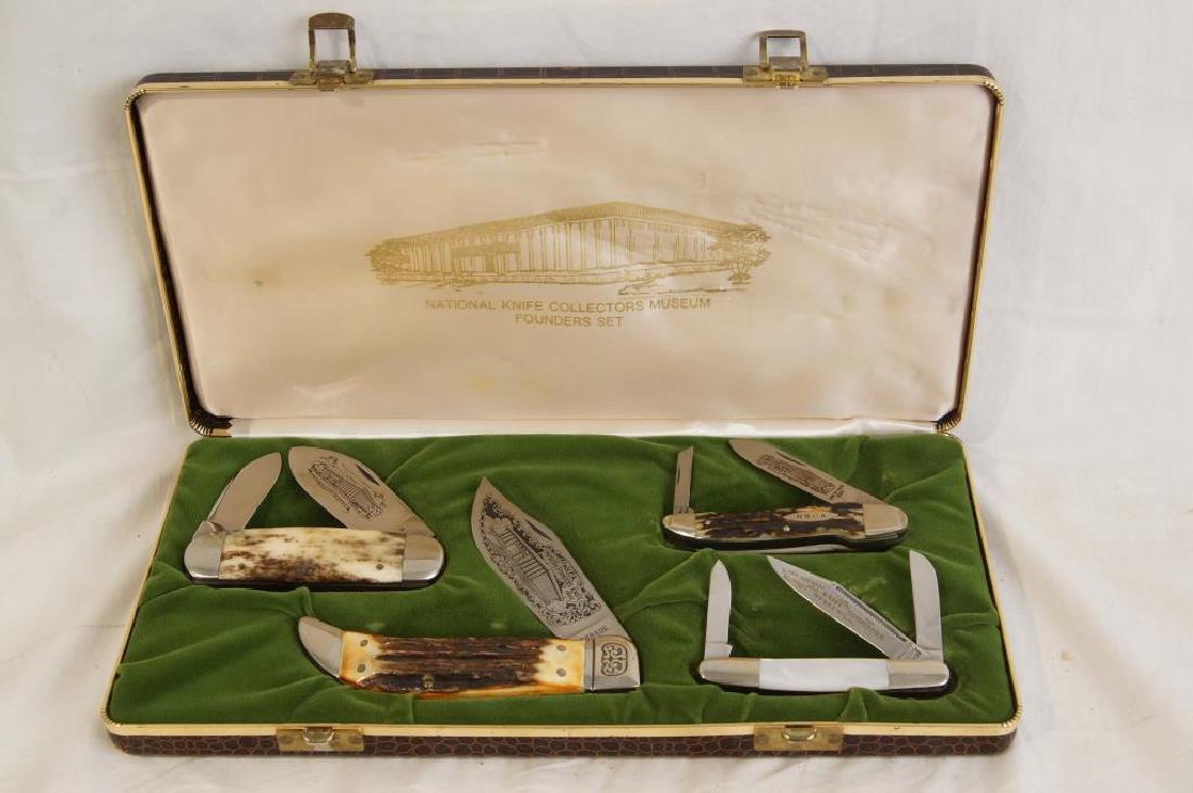 Knife Collection with case 4pcs: National Knife Collectors Association engraving and mark on each knife - This is the museum founders set. Rob KLAA Solingen, Case XX, Charade USA , Frank Buster cutlery "Fightin Rooster" four knives a