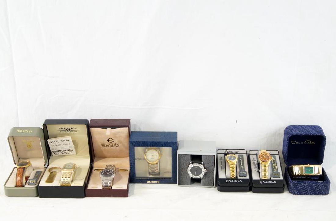 Assorted man's watches - Gruen, Waltham,: Oscar De La Renta, Bill Blass, Skagen, Benrus, Elgin - 8pcs