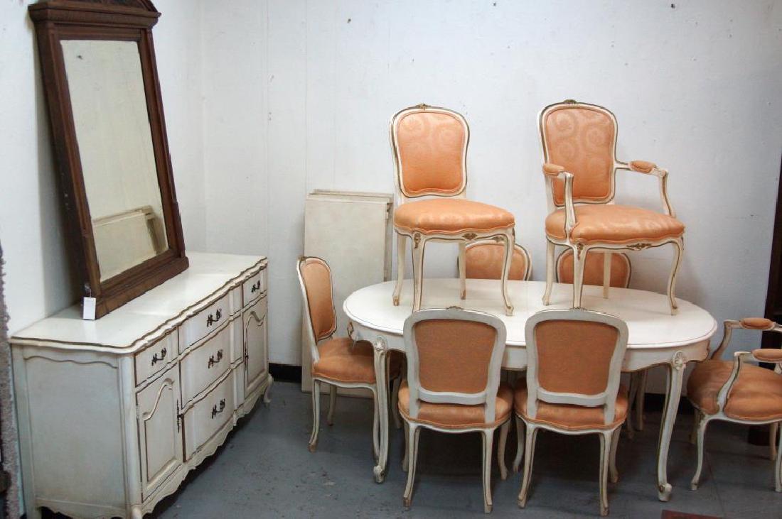 French dining room set - 10 pcs: Danby Furniture Company, Fine Salmon colored embroidered seats and backs with scrolling leaves (large mirror in first image not included) includes 8 chairs, table with two leathers and sideboard