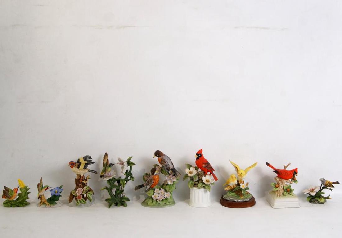 9 Porcelain bird figurines & music boxes: Measuring 8". by Andrea, Gorham, Bronson, Enesco, Japan