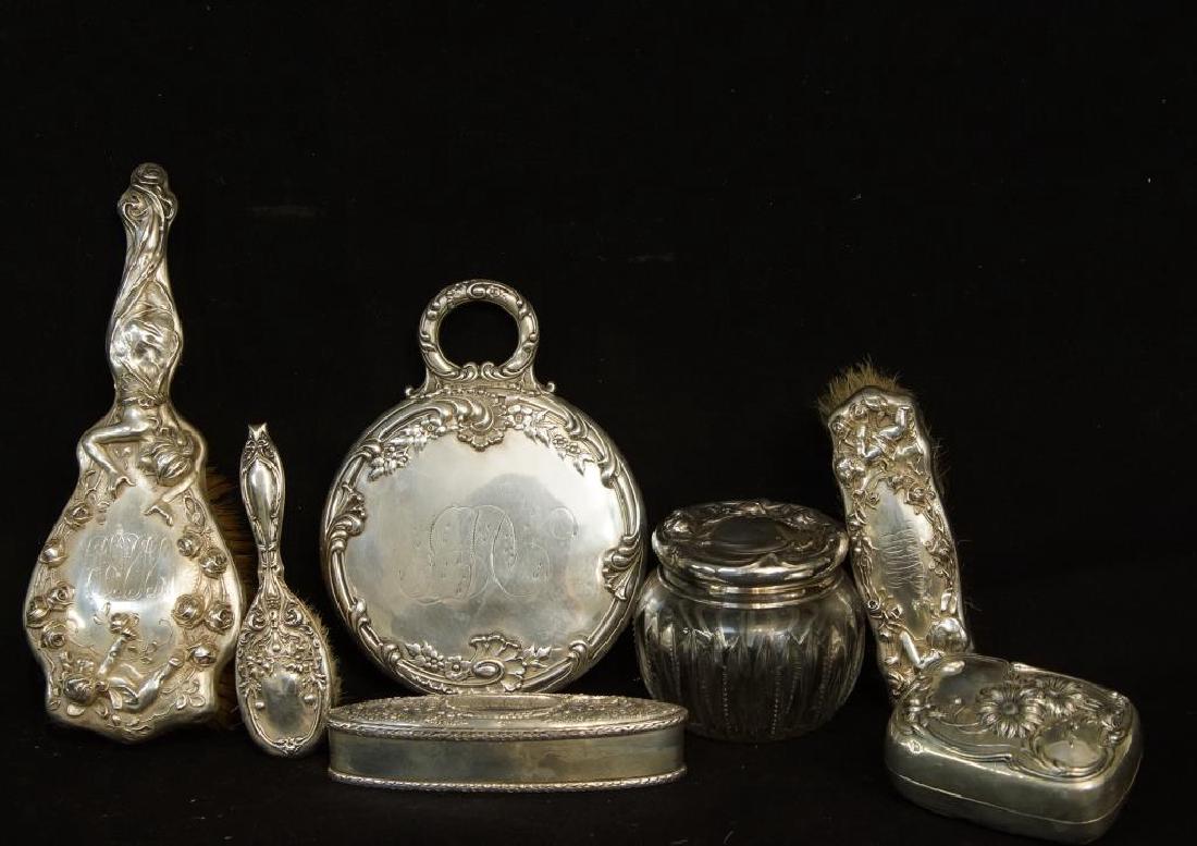 Fine Antique sterling dresser pcs: 7 highly embossed pcs - mirrors, brushes, jar w sterling top, 2 boxes...