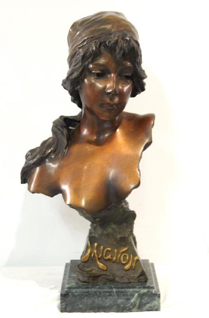 After Emmanuel Villanis (1858-1914) Bronze Bust: 'Mignon' a Patinated Bronze Art Nouveau Bust, Measures 25" tall by 12" wide. Marked Salon. 1896 'Mignon' (“lover, darling, favourite”)