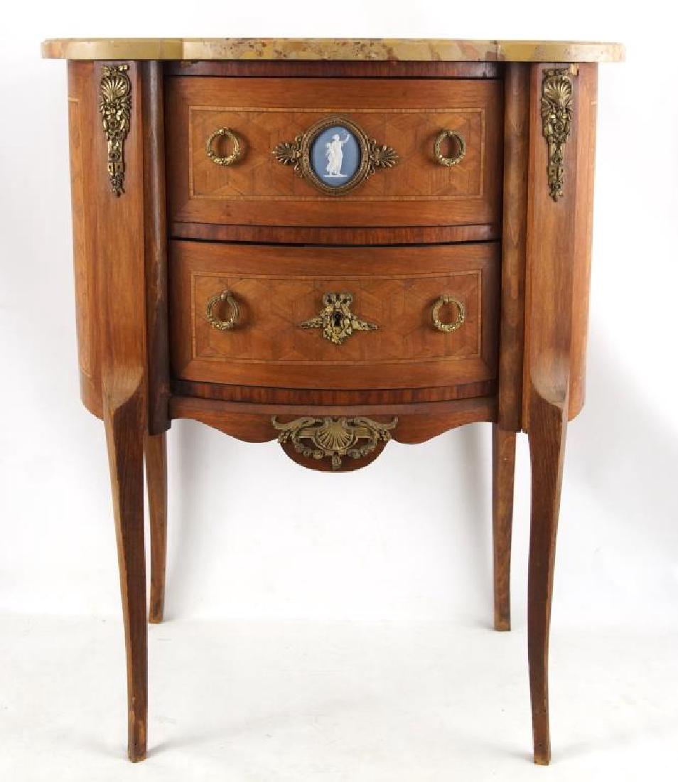 19th c. French Marble Table with Wedgwood plaque: gilded bronze ormolu, fine parquetry panels