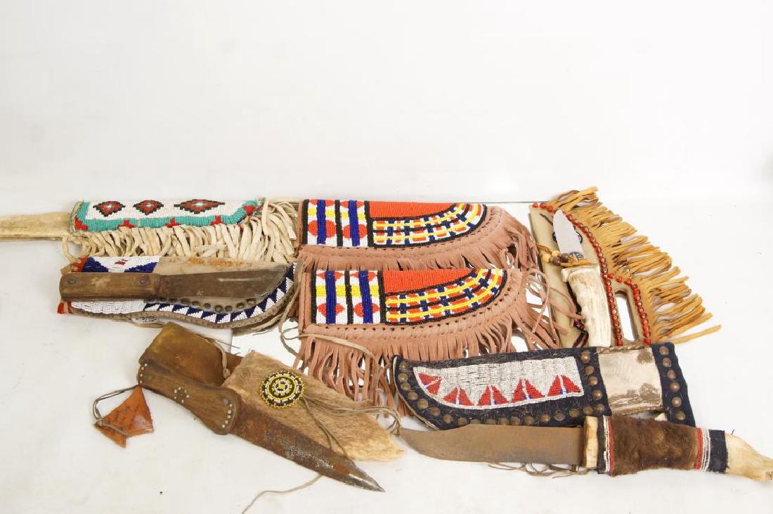 Indian knives & beaded sheathes -: 7 pcs - Antique & vintage knives with some new and some vintage beaded sheaths one of which is tagged and made from the reservation