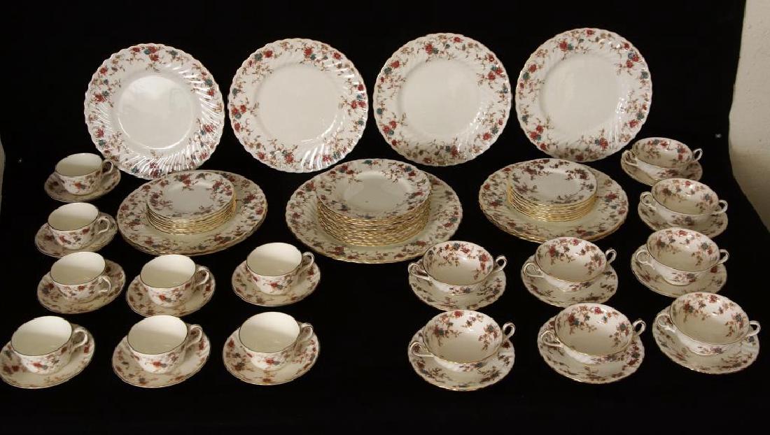 Set approx 66 Minton pink & floral China: Set Minton China Pink. Ancestral Pattern, Monton mark bone china made in England - looks to be service for eight - Nine large plates, 8 cups with matching saucers, 8 soups with matching saucers, appro