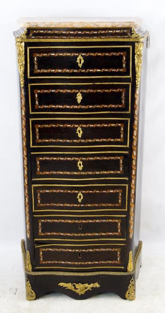 Antique French 7 drawer Lingerie chest: Inlaid mother of pearl with gilt bronze ormolu including a fancy center includes key, marble top measures 54" X 27" WIDE X 13"