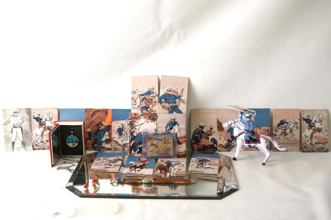 Collection of Vintage Lone Ranger watches and more: vintage wrist watch, pocket watch, 2 rings including the Super rare 1947 Lone Ranger Atomic Bomb Ring - and 12 Lone Ranger 3" x 5" studio Cards, plus a Chewing Gum Gard "The Lasso Duel"