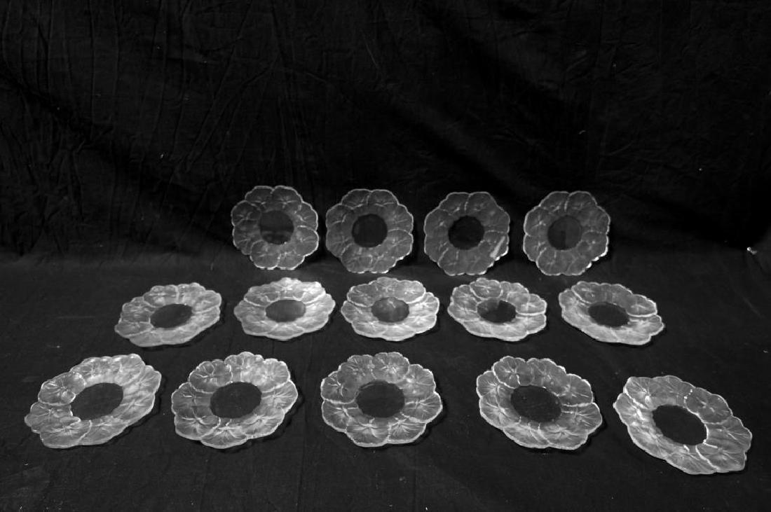 14 Lalique Frosted Crystal butter dishes: 14 pcs Vintage Lalique Crystal Art Glass "Honfleur" Geranium Dish/Bowls - Signed Lalique R France On Bottom Approximately 5 3/4" Diameter x 1 1/2" Tall x 2 3/4" Inside Well Diameter - Frosted Geranium