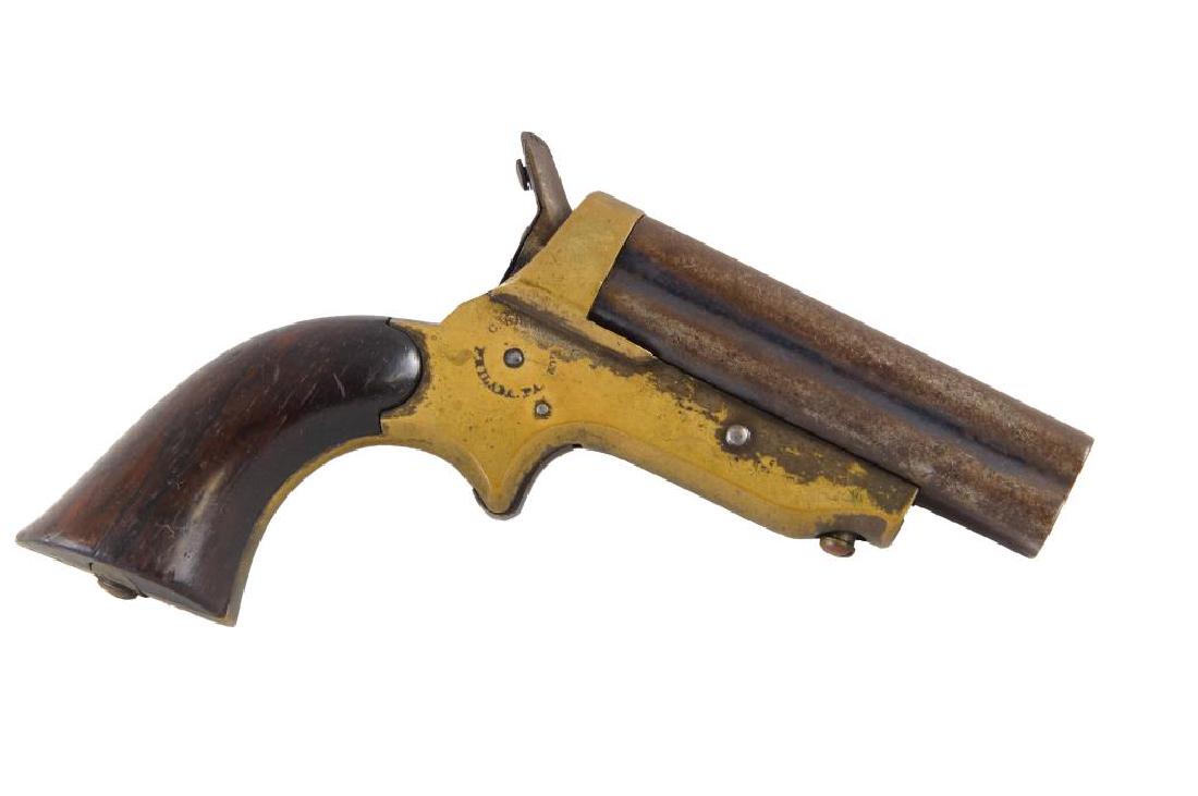 C. Sharp Model 1C - four barrel Pocket pistol: Civil War Era - Produced 1859 - 1874 - Marked C. Sharps Philadelphia on breech, 22 caliber four shot with very sophisticated rotating hammer mechanism: mechanism: Serial # 2854 - with remnants of blue