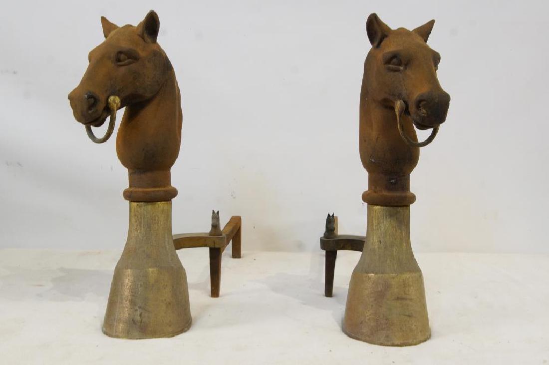 Pair of Antique Iron & Brass Horse Andirons: measures 17" H x 22" long, Iron and brass cast horse motif