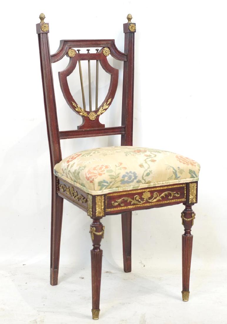 French Lyre back wood carved & bronze ormolu chair: Louis XVI style fancy bronze ormolu decorate the skirt and lyre