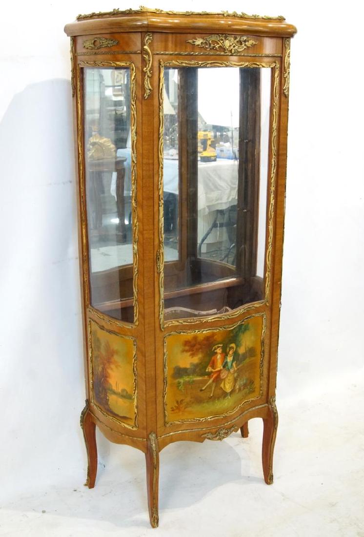 French Louis Martin Pictorial Curio Cabinet: adorned with gilt bronze ormolu and three panels front with paintings measures 60" x 26" x 16"