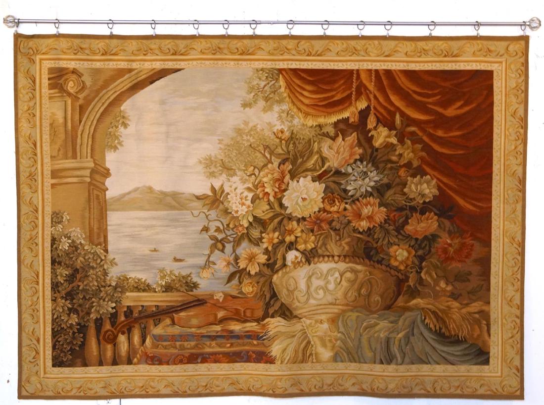 Aubusson scenic tapestry with hangar: measures 64" x 90" depicting a neo-classic lake scene and landscape