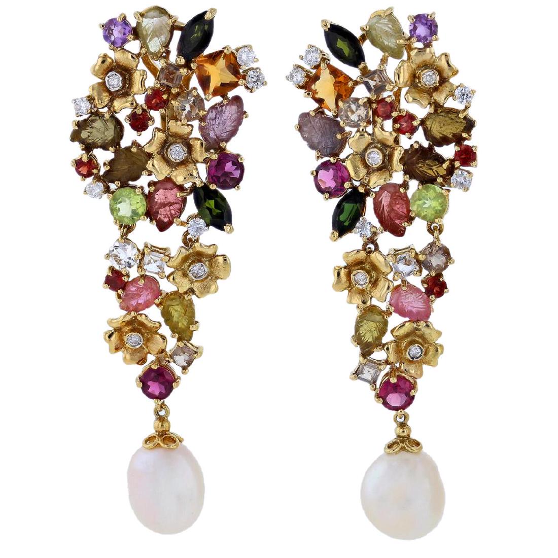 18kt Gold multi gem diamond & pearl Earrings: fancy articulating multi gemstone dangle drop earrings on 18kt gold. Each earring features a clustered bouquet composed of forty six prong set multi colored gemstones approx 17 cts containing a mix of