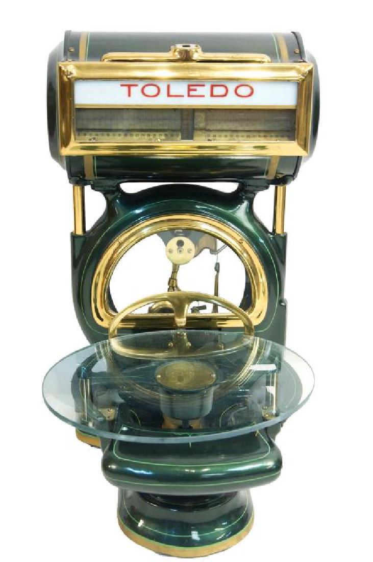 Antique Restored Toledo Honest weight scale: "NO SPRINGS, HONEST WEIGHT" Restored forest green with light green pin stripping throughout, nice glass and polished brass measures 28" H x 17" wide x 19" deep