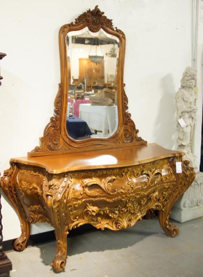 Highly Carved Dutch Rococo Commode: Bombay style with highly carved floral motif. Measures 36.5" H x 62" W x 23" with mirror