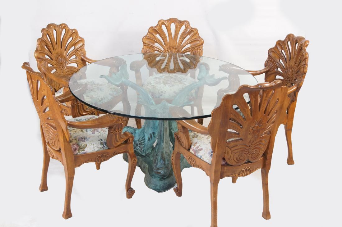 Dolphin dining table with glass top and 5 chairs