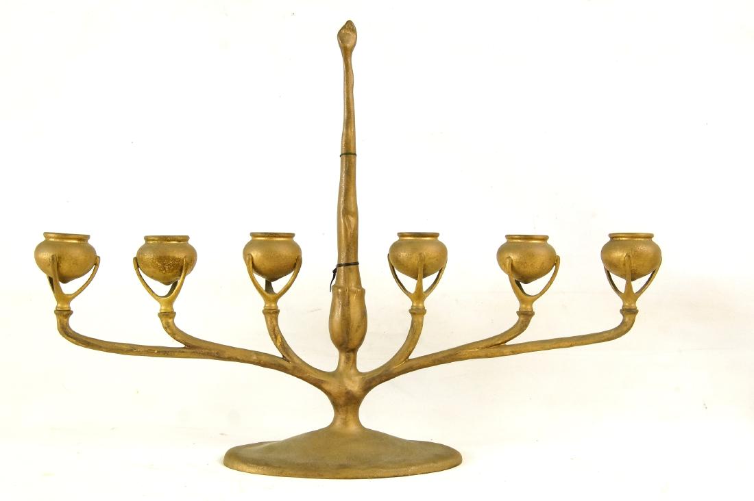 Tiffany Studios Bronze 6 light Candelabrum #1290: Art Nouveau bronze candle holder in Marked Tiffany Studios 1290 bottom, includes integrated snuffer. measures approx 15 x 21.5 x 4.25 in. (38.1 x 54.6 x 10.8 cm.) Provenance: Missouri private Museum c