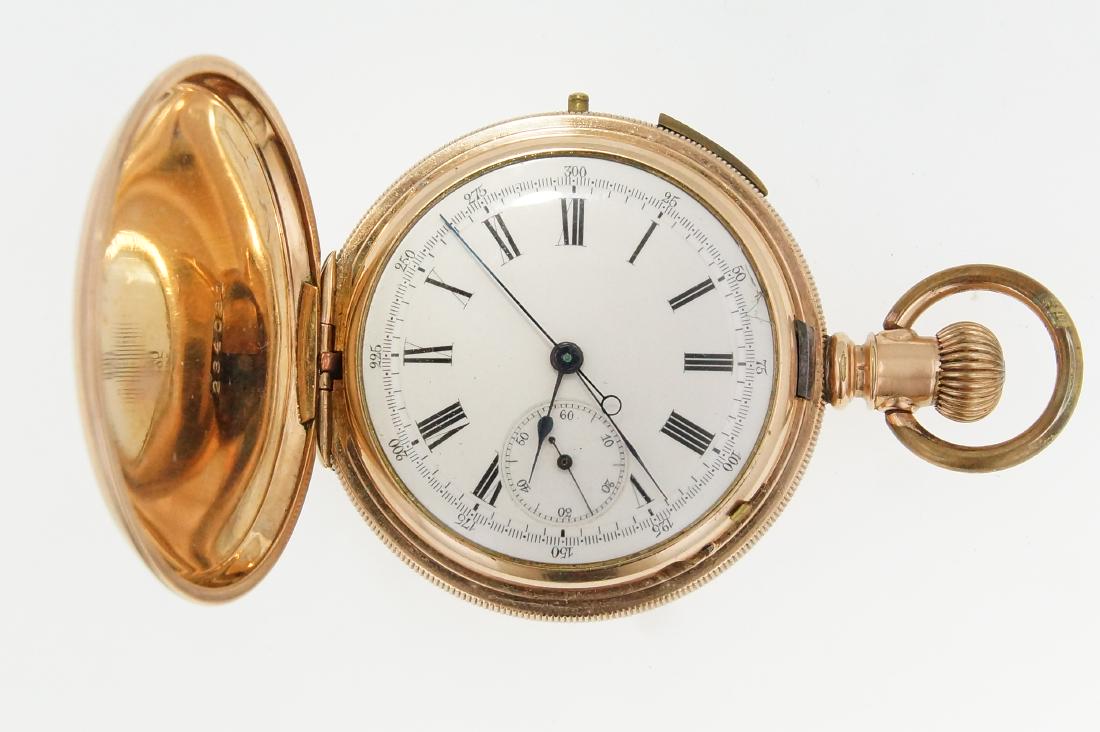 Antique Gold Swiss Repeater Chronograph: Rare Swiss repeater chronograph white porcelain face with roman numerals, 300 micro-seconds dashes numbered every 25 hour and minute hands and a seconds dial, and a microsecond dial that resets with t