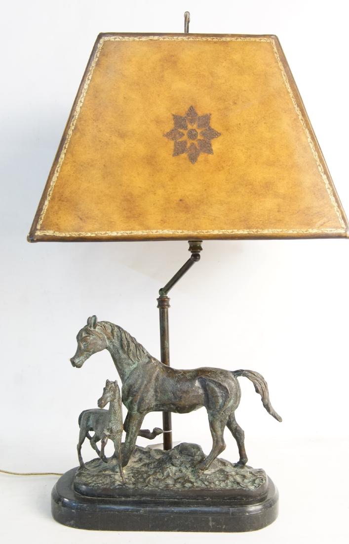 Bronze Colt & Mare one light lamp: measures 24" H and includes leather shade