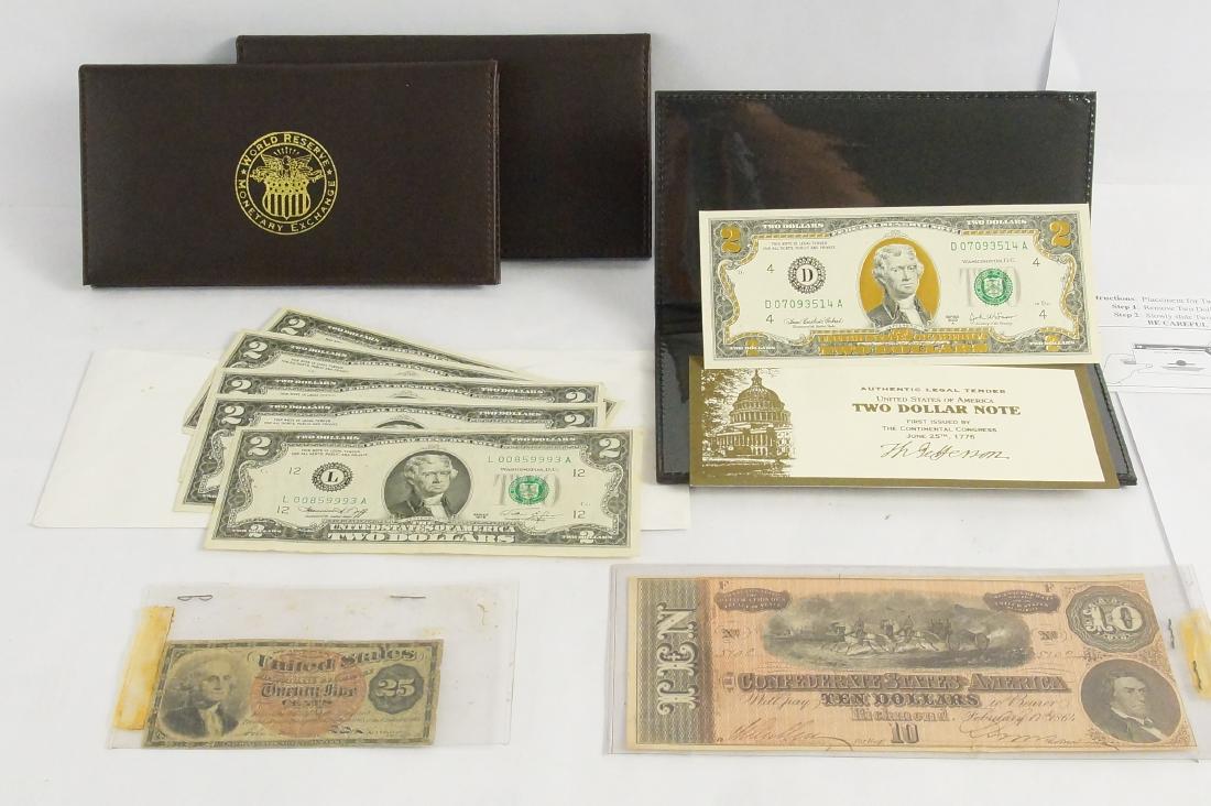 2$ Bills, 1864 Confederate $10, US 25c bill: A Confederate States America $10 Dollar Bill of 1864 probably Type 68 in excellent condition, a small US 25c bill in fair condition PLUS Five loose $2 bills and three cased World Reserve Monetary Exch