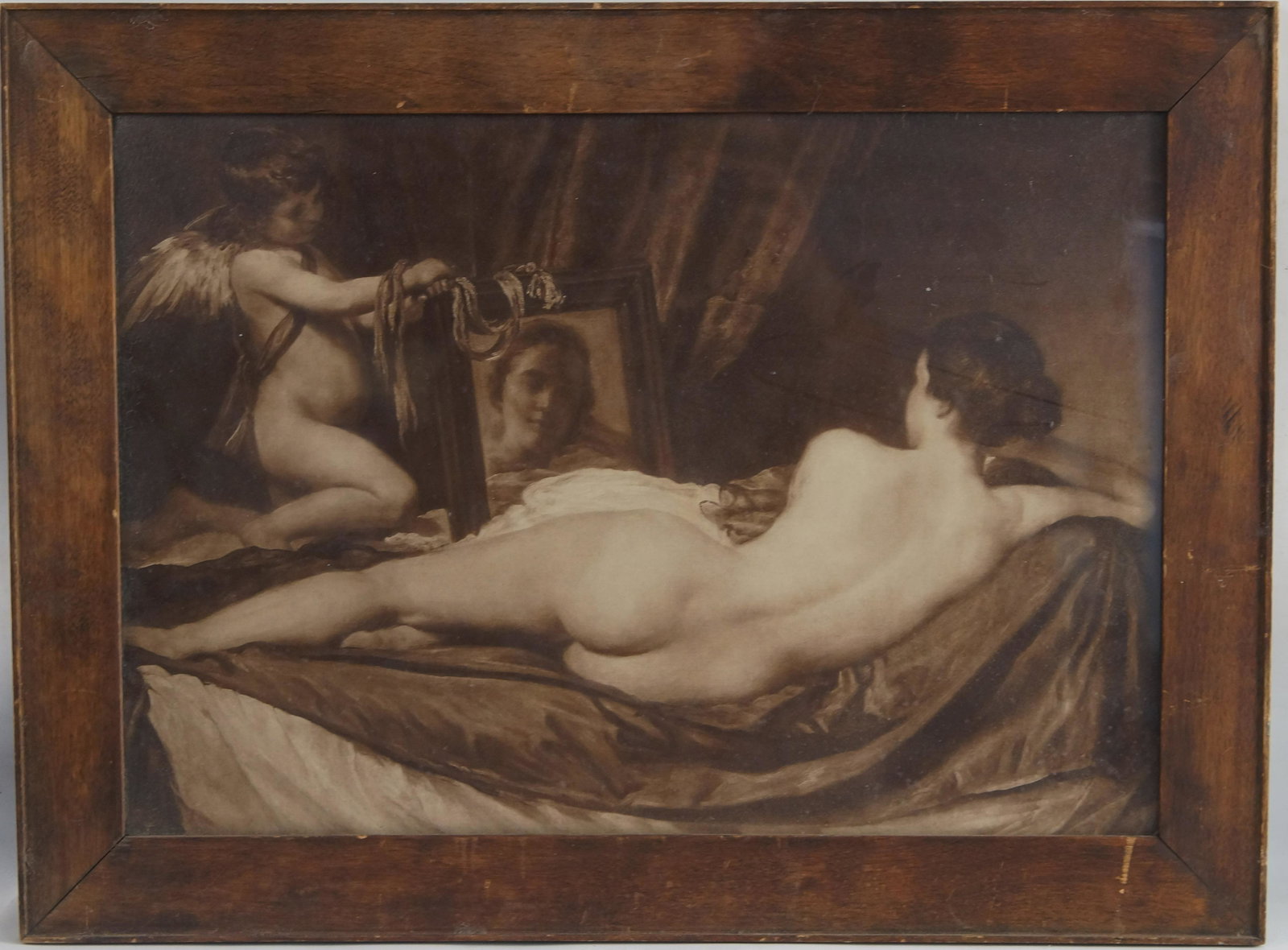 Antique Velazquez engraving 'The Rokeby Venus': Antique frame with original gallery tag verso: Purnell Art Company Baltimore measures 13.5" x 19.5" in a 17.5"x 23.5" frame. A reproduction of the only surviving nude of Velazquez (due to the Inquisit