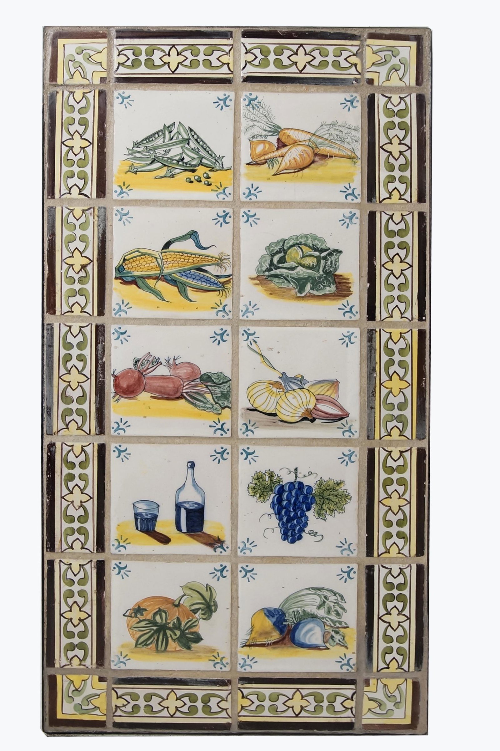 Spanish Wall tile plaque in iron frame: Iron shows age, antique 10 tiles plus 18 surround - Vintage piece - measures 18.5" x 36" Provenance: The Rancho La Vista Ojai California Collection