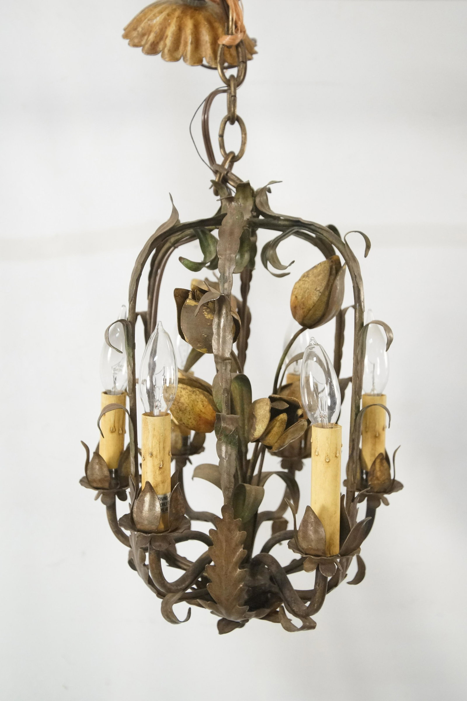 Floral Wrought Iron 6-light hanging chandelier: Wrought iron pressed and molded onto a bouquets of flower buds, leaves and vines. the six lights have each have a floret and remnants of the original polychrome paint remains throughout measures appro