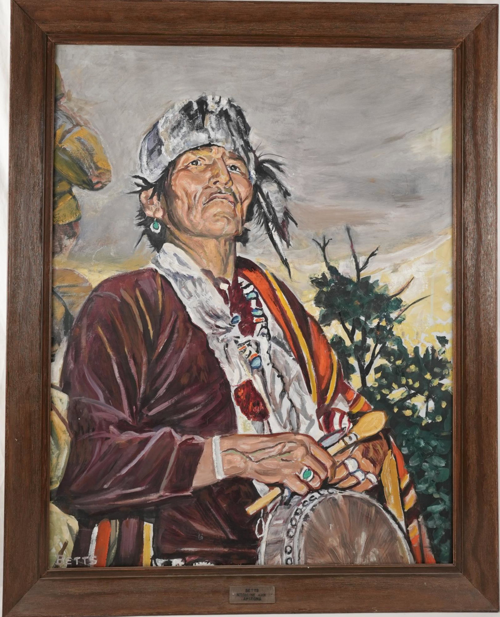Harold H. Betts (1881-1951) portrait: Title: "Medicine Man" Arizona measures 36" x 28" oil on canvas " Native American" Provenance: Current 78 year old owner Judy Cuevas (Wife of the Late Ray Cuevas) Mother purchased this painting in High