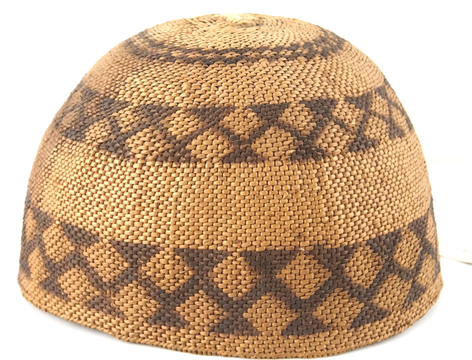 Rare Antique Polychrome Paiute hat basket: three bands with criss cross diamond shapes very good condition measures approx. 10" x 6" Provenance: Lifetime Ojai, California Native American Basket Lecturer and Collector.