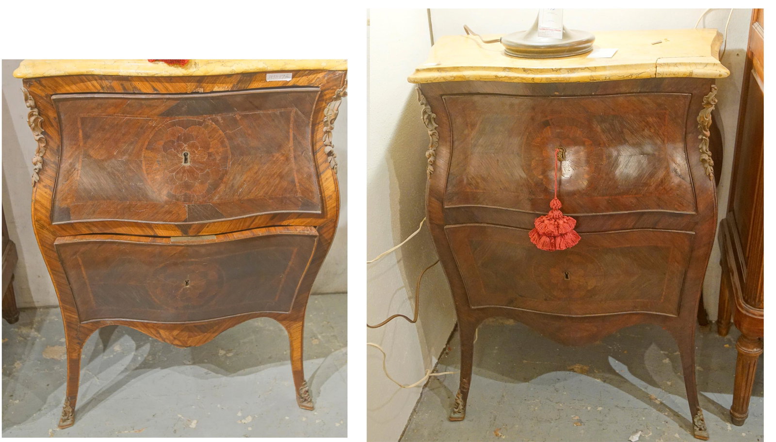 Pair French marble top commodes: Louis XVI Bombay style - finely crafted, show age - marble top on one piece shows repair - 2pcs