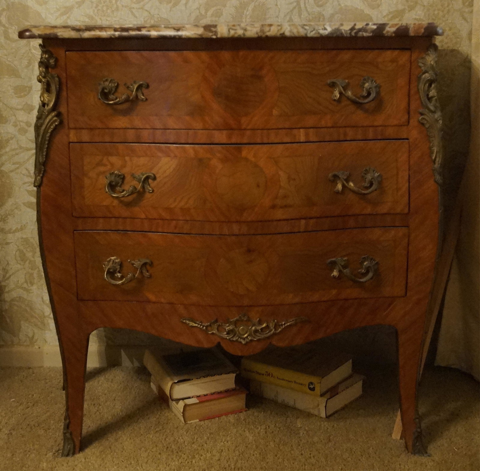 Pair of Louis XVI commodes: with brass hardware and marble tops