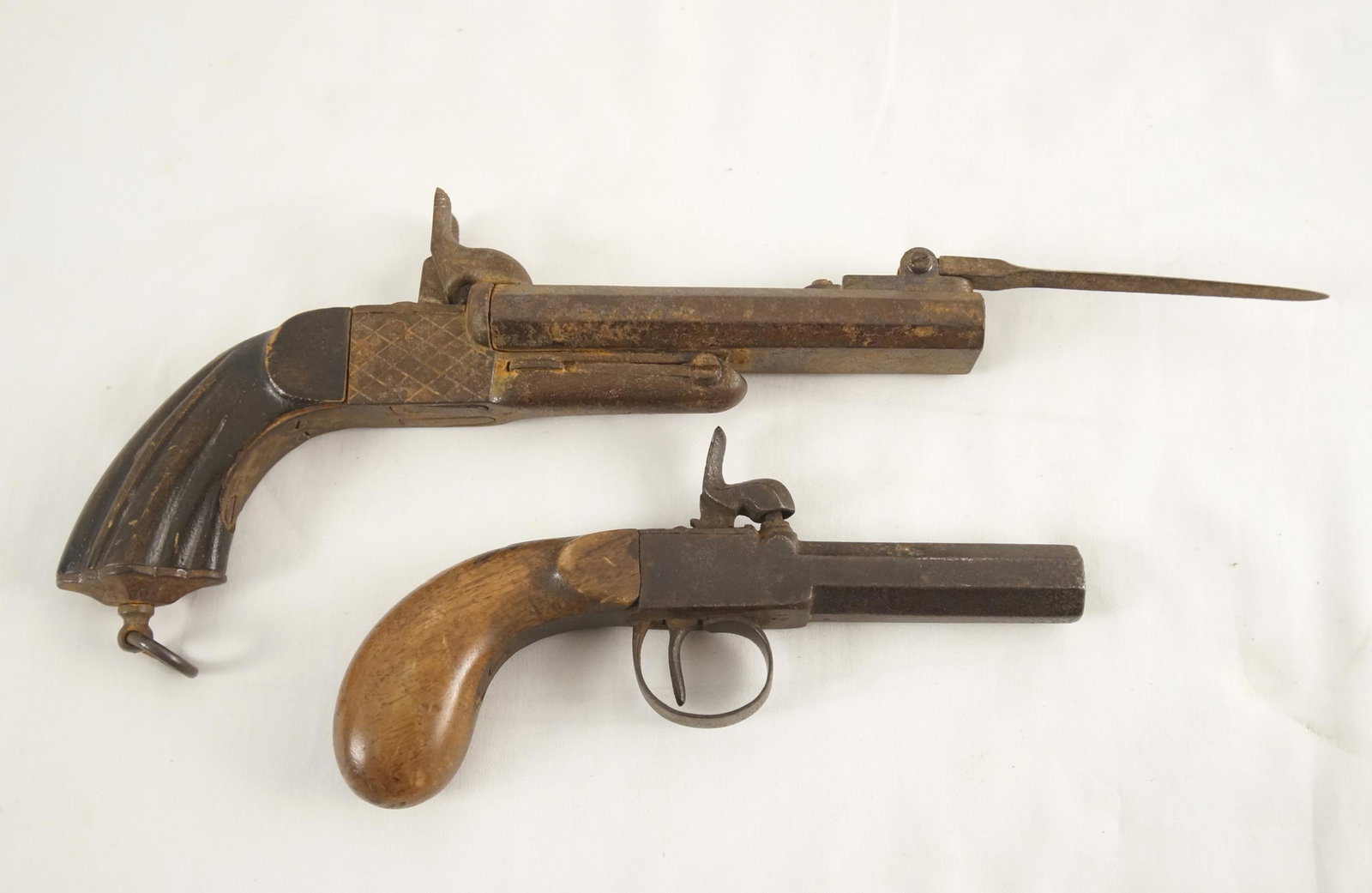 Belgian Percussion pistols: 2 pcs - one double barrel Belgian pistol w bayonet 12" and single shot 7"