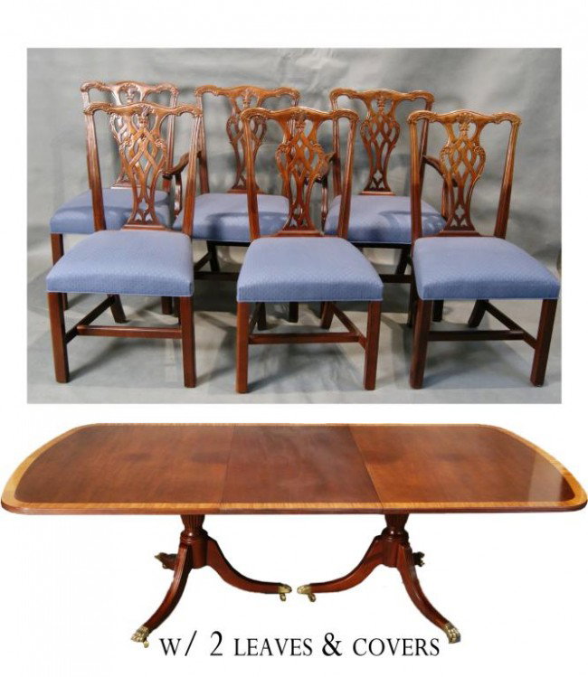 7 pc. Duncan Phyfe Table & 6 Chippendale chairs wi: 7 pc. Duncan Phyfe Table & 6 Chippendale chairs with two leaves and covers